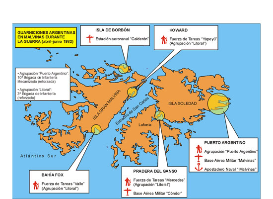 Guarniciones permanentes de las Fuerzas Armadas de Agentina en el archipielago malvinense durante la guerra contra Gran Bretaña (1982)